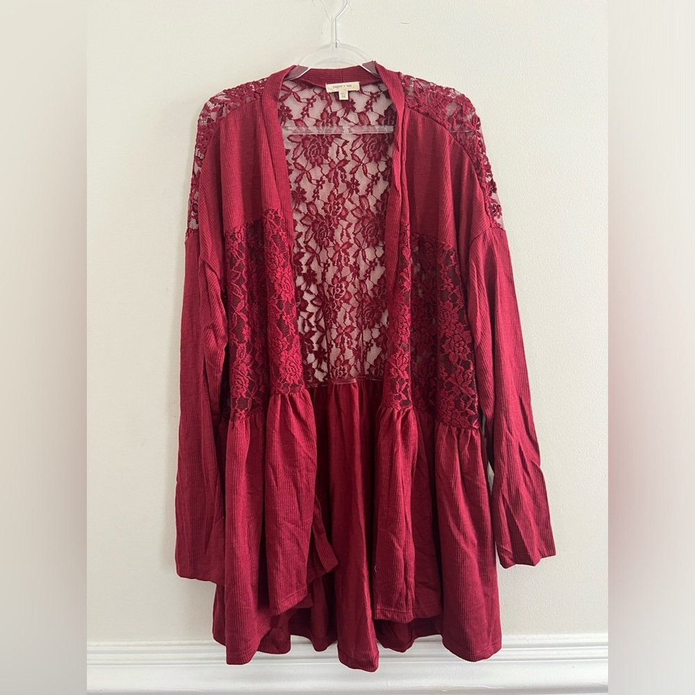 Paper + Tee Floral Lace Open Front Cardigan Black 3X Color Burgundy NEW